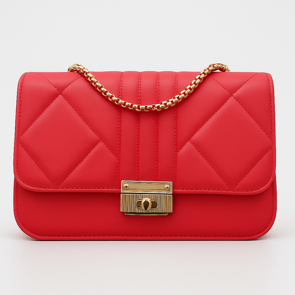 red Quilted Shoulder bag with Golden Chain Strap