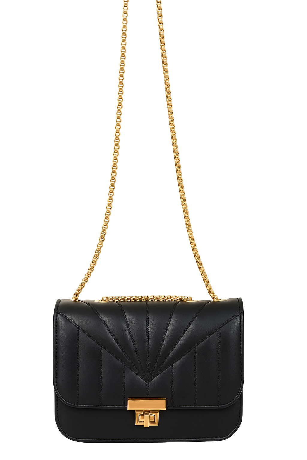 Black Quilted Shoulder Bag with Gold Chain Strap