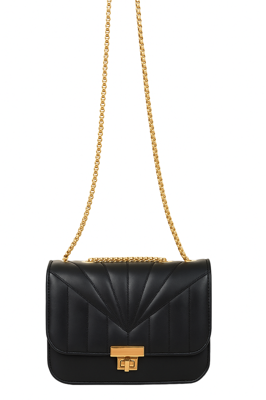 Black Quilted Shoulder Bag with Gold Chain Strap