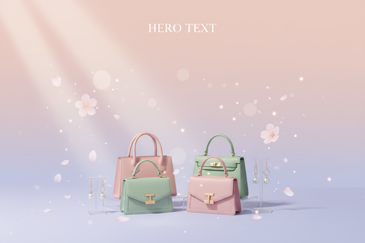 Design a trendy Korean fashion inspired homepage poster for a Shopify store selling unique handbags and Korean earrings.  
Style: soft pastel colors, K-fashion aesthetic, dreamy lighting, clean composition.  
Show high-quality product mockups of handbags and earrings arranged artistically.  
Include floating elements, sparkles, soft gradients.  
Visual vibe: feminine, modern, elegant, Insta-worthy.  
Leave space for hero text like “New Collection 2025 – Luxury Handbags & K-Earrings”.  
Vertical poster, 4K r