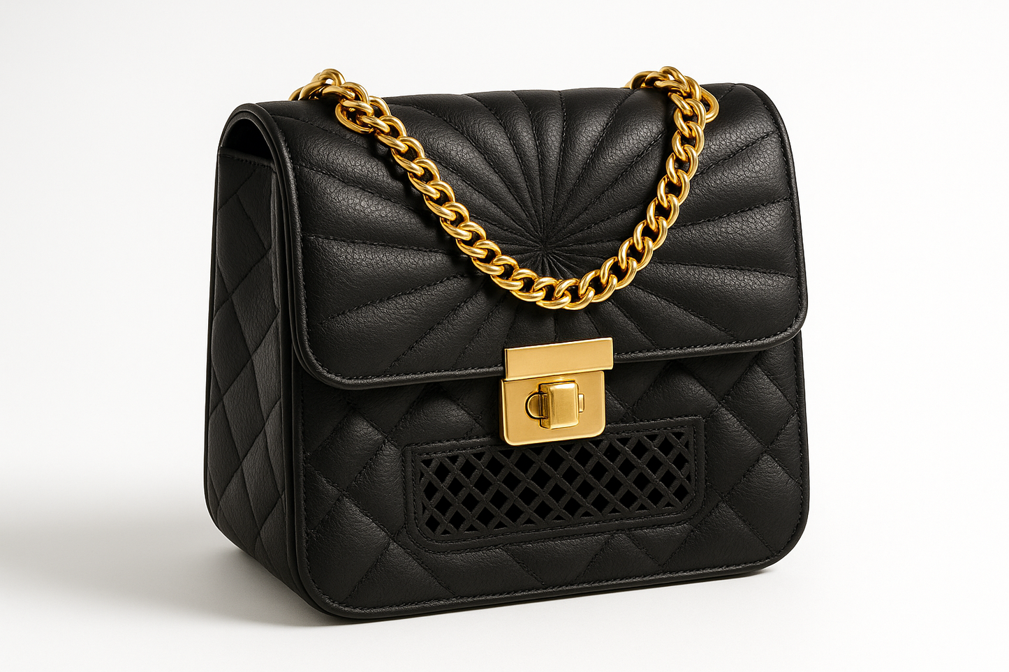 Black Quilted Shoulder Bag with Gold Chain Strap